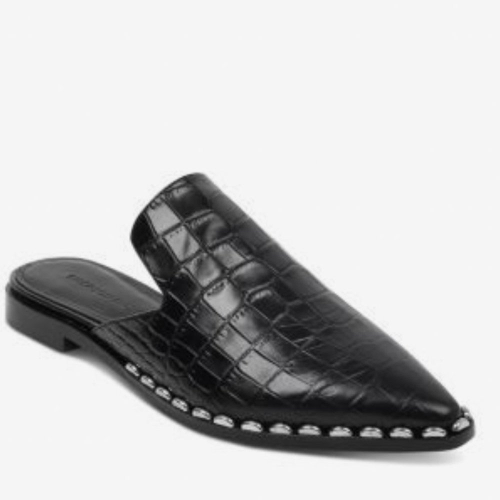 Sigerson Morrison Black Croc-Embossed Pointed Slip-On Mules with Studs